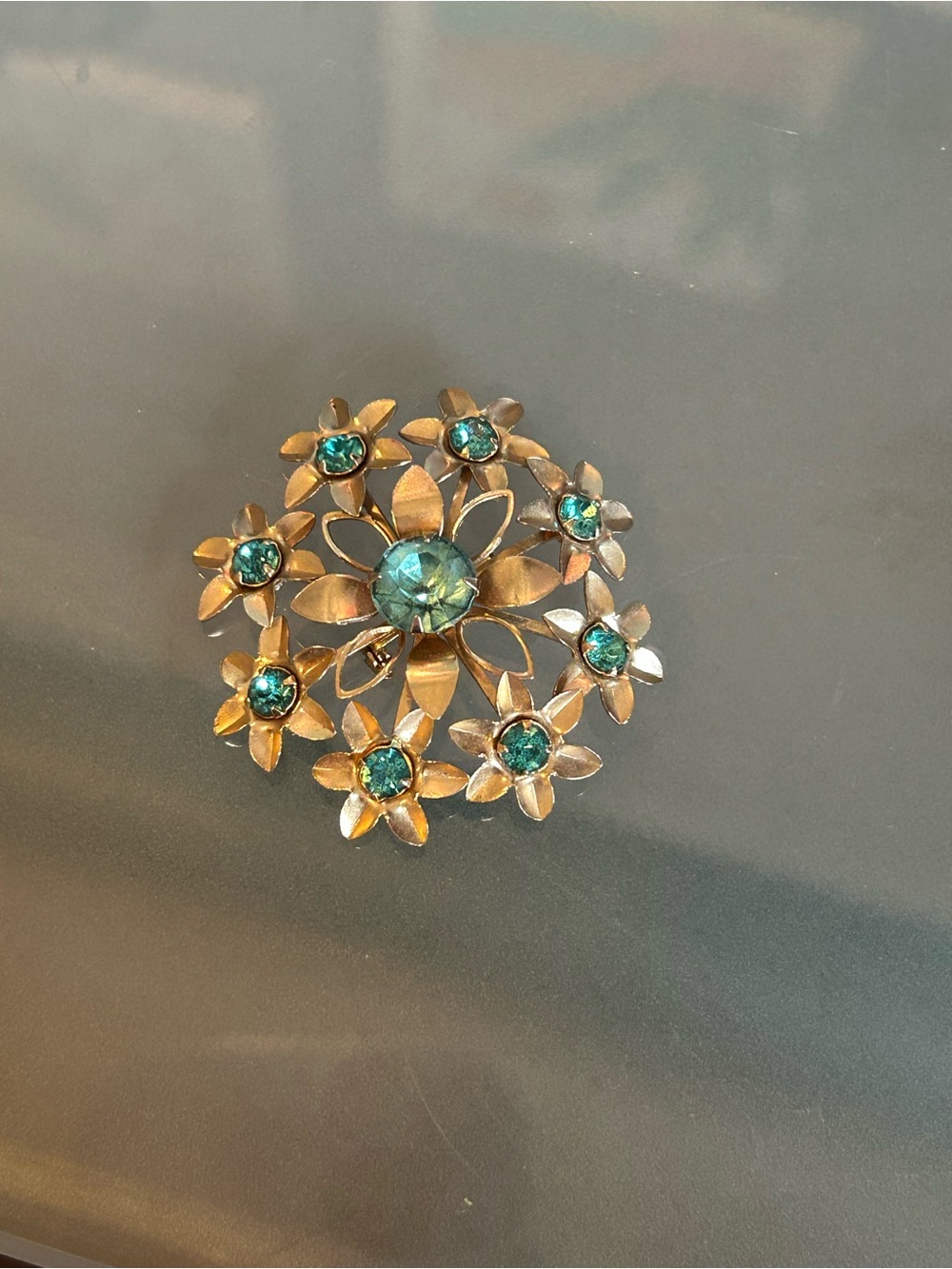 Gold Floral Pin with Teal Crystal Accents